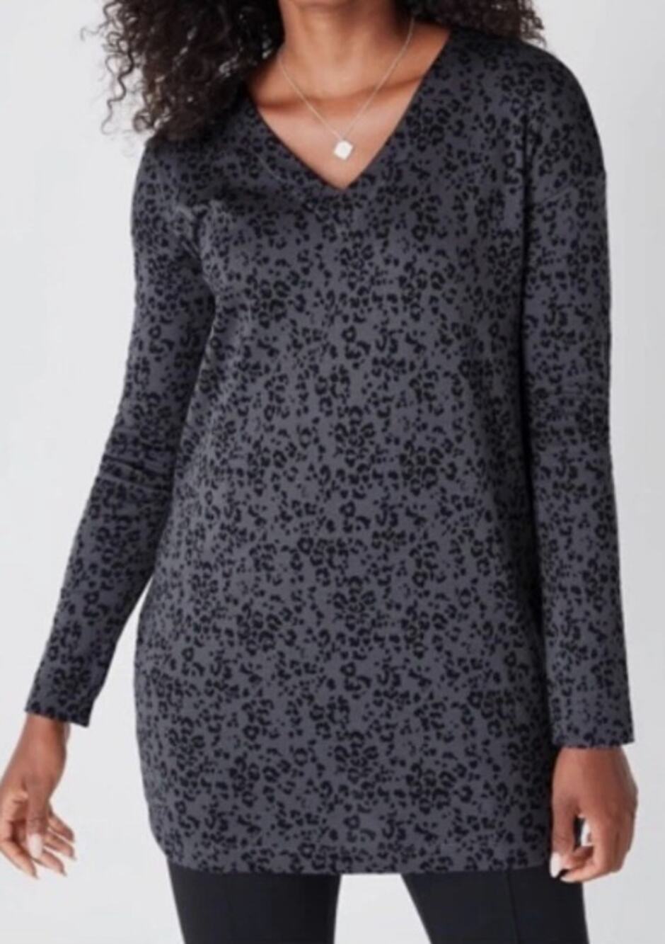 J. Jill Size M Simply Supima Cotton V-Neck Tunic Long Sleeve Gray Black Leopard
